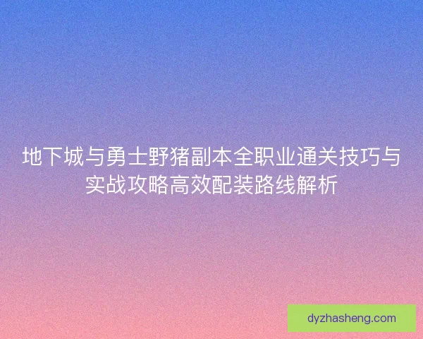 地下城与勇士野猪副本全职业通关技巧与实战攻略高效配装路线解析